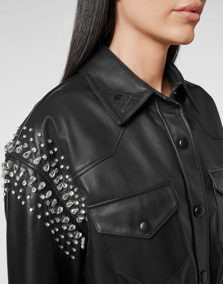 Leather Shirt Dress with Crystals