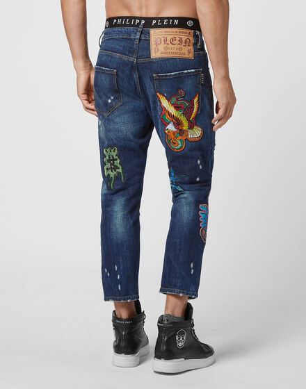 Denim Trousers Super Straight Cut Destroyed stones  Tattoo Patches