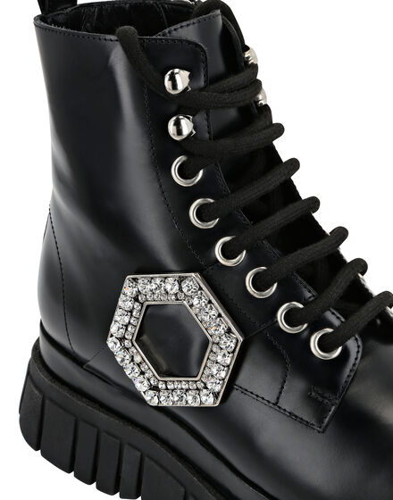 Shiny Leather Boots Mid Flat Crystal Hexagon