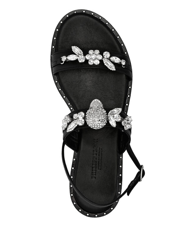 Leather Sandals Flat Crystal