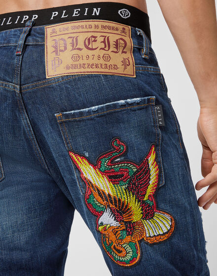 Denim Trousers Super Straight Cut Destroyed stones  Tattoo Patches