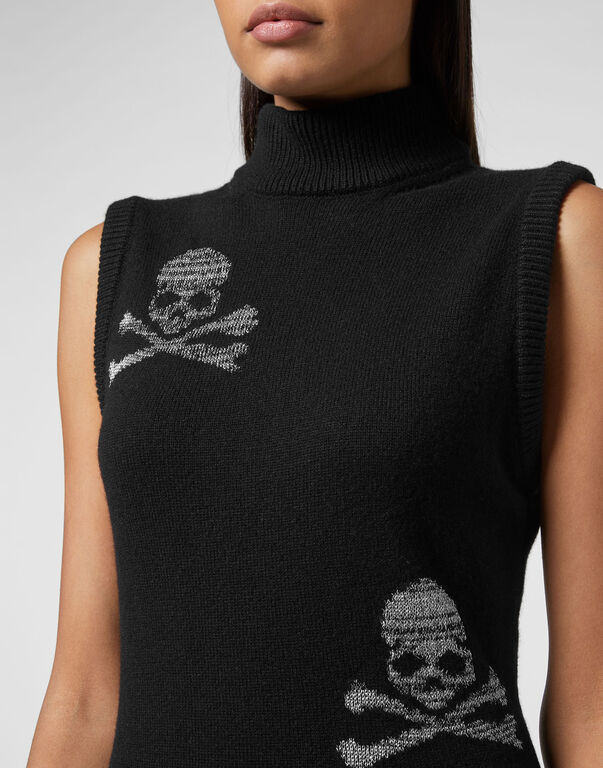 Wool Blend Knit Dress Sleevless Crystal Skull