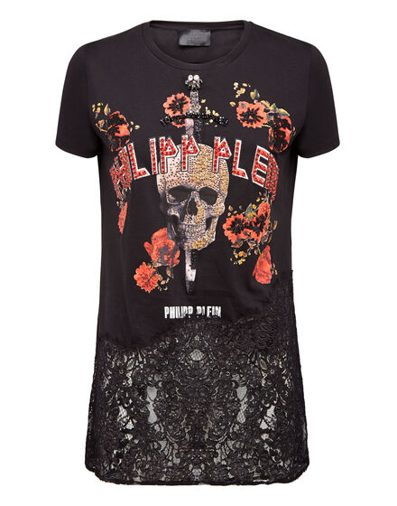 T-shirt Round Neck SS Flowers and Skull