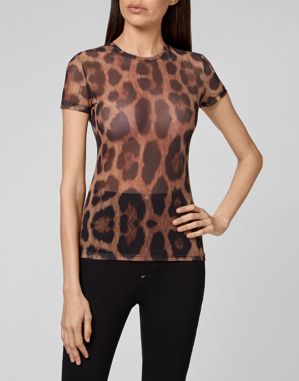 T-Shirt Round Neck SS Stretch Printed Tulle Leopard
