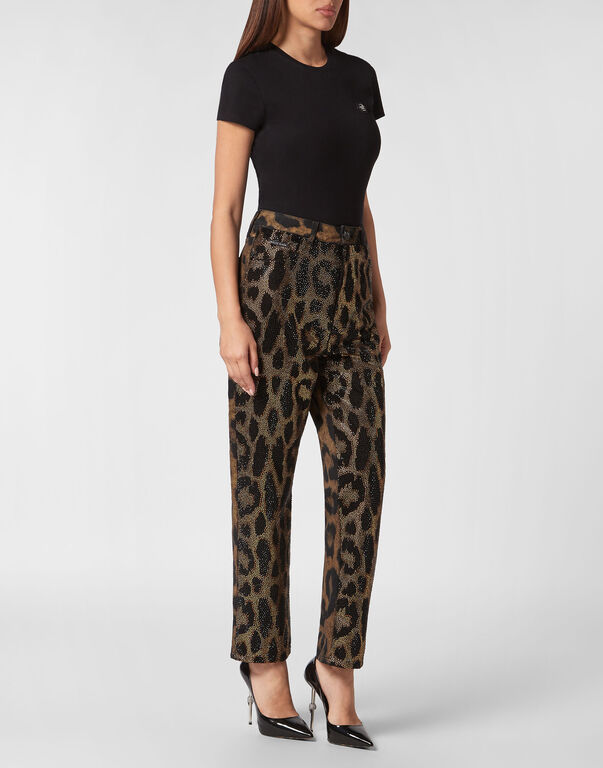 Denim Trousers Loose Fit with Crystals Leopard