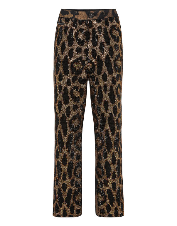 Denim Trousers Loose Fit with Crystals Leopard