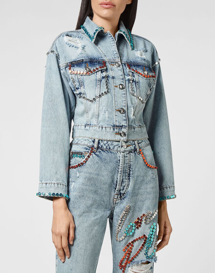 Denim Jacket Cropped Destroyed with Crystals