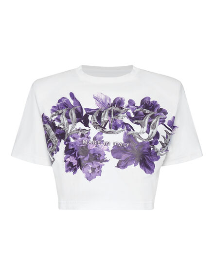 Padded Shoulder Cropped Top Flowers