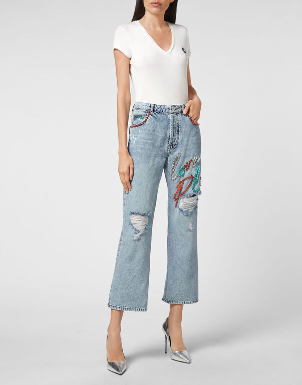Denim Trousers Super Loose Fit Studs with Crystals