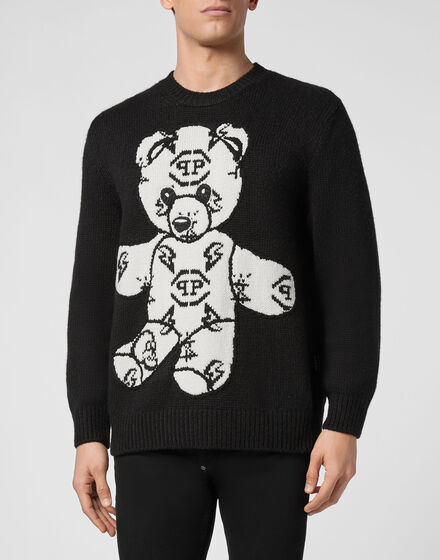 Wool Embroidery Jacquard Pullover Round Neck LS Teddy Bear