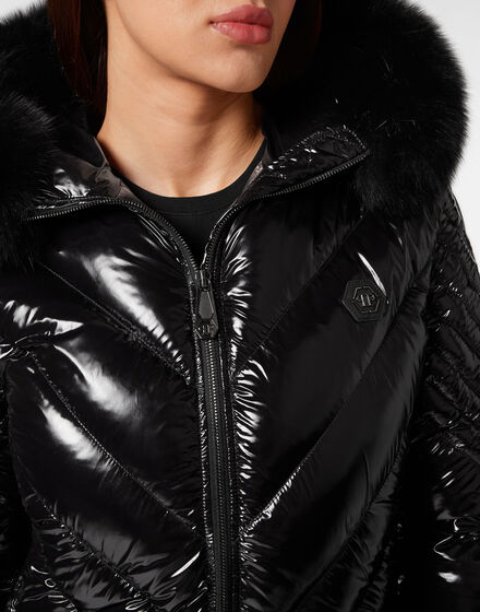Nylon Down Jacket with Fur